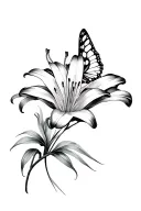 I want sophisticated black and gray art, complement the existing lily.Add more lilies, butterfly to hand tattoo design idea