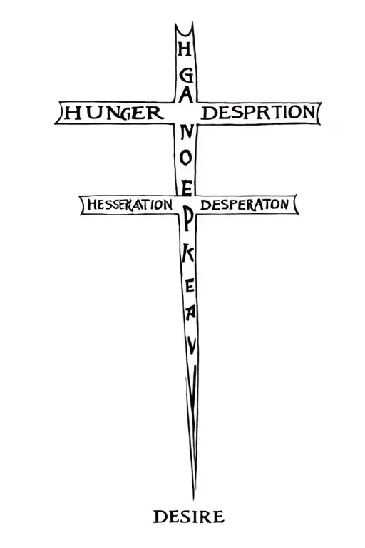Cross with the words Hunger, Desperation, and Desire tattoo design idea
