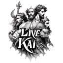 "Live, Kai" word. background is zeus god, atlas god, kratos god & ares god tattoo design idea