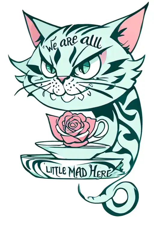 "We are all a little mad here"  evil cheshire cat with tail intertwined with tea cup and rose tattoo design idea