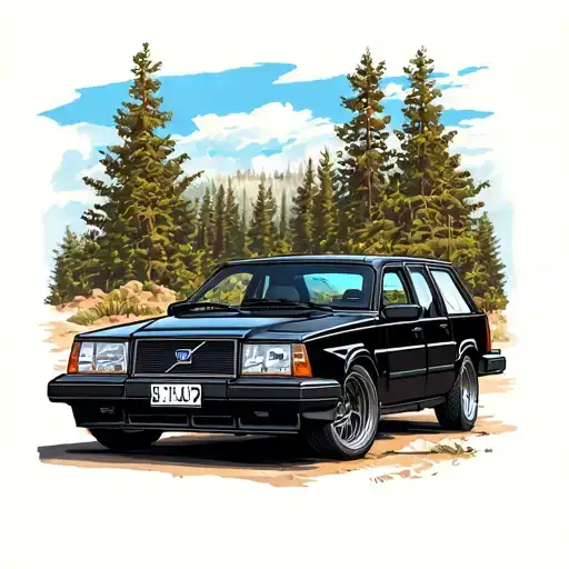 Black Volvo 740 on roade old school tattoo design idea
