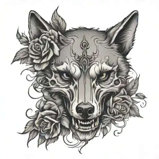 wolf skull with roses intertwined tattoo design idea