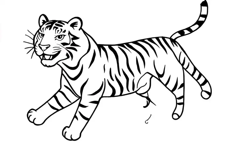 Child's drawing style, energetic crayon lines, a happy tiger jumping mid-air, body curved, paws spread wide, tail straig tattoo design idea