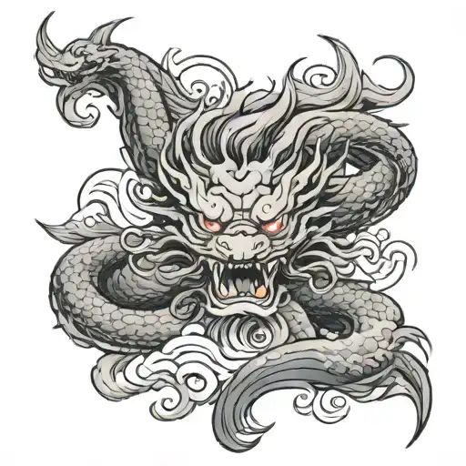 sleeve with waves old asian style with chinese dragon head tattoo design idea