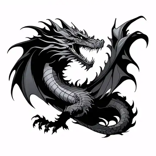 Aggressive Sketch Dragon, Full Sleeve style that expands from the right arm to the side of the neck, in black and gray, tattoo design idea