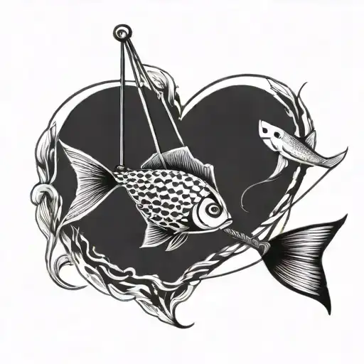 simple upside down heart shape made with fishing pole and fish tattoo design idea