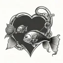 simple upside down heart shape made with fishing pole and fish tattoo design idea