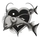 simple upside down heart shape made with fishing pole and fish tattoo design idea