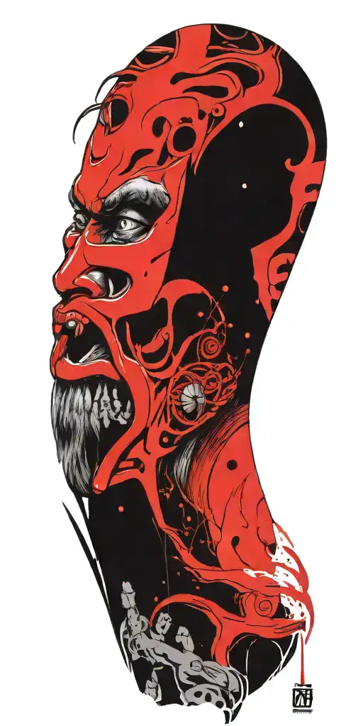 man wearing oni mask fighting off inner demons tattoo design idea