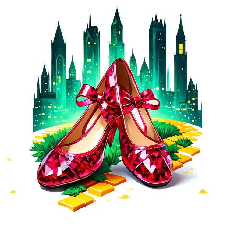 two sparkling ruby ballet slippers with yellow brick road and emerald city in background tattoo design idea