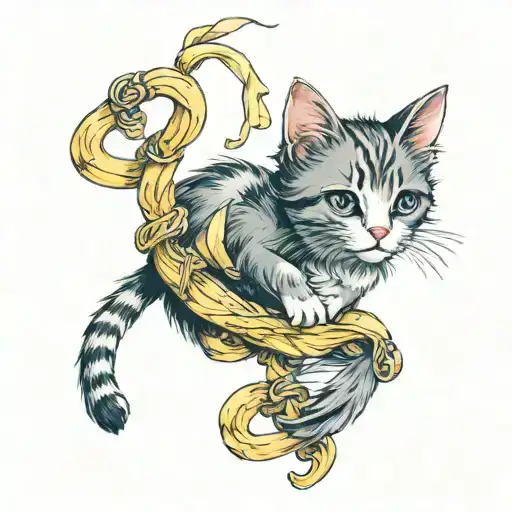 tied up kitten holding banana tattoo design idea
