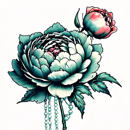 peony with string of pearls wrapping throughout flower and hanging down tattoo design idea