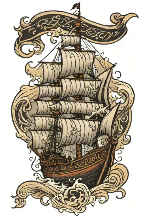 Viking boat and horses ocean waves tattoo design idea