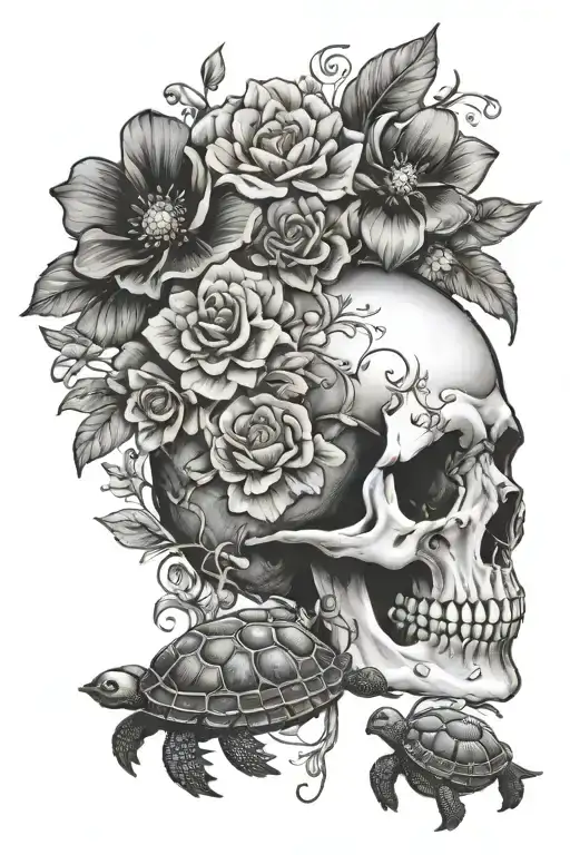 flowers, skull and turtle tattoo design idea
