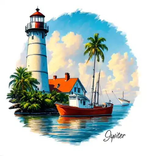 Jupiter lighthouse overlooking the jupiter inlet, with fishing boats on the water. tattoo design idea