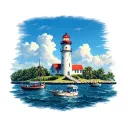 Jupiter lighthouse overlooking the jupiter inlet, with fishing boats on the water. tattoo design idea