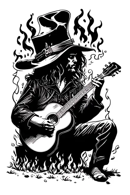 fiddle and guitar in campfire tattoo design idea