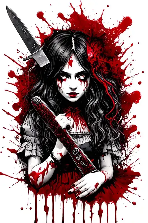 alice from the American McGee video game "Alice: Madness Returns" with blood, the knife, and blood (edgy style) tattoo design idea