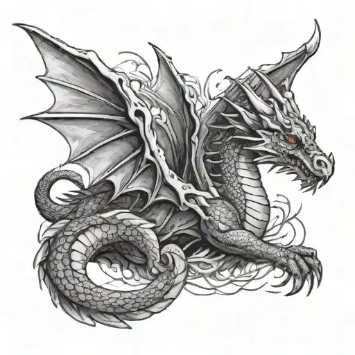 Dragon with Burn Wounds on Wings, Sitting Position and Dagger Planted in Back at Heart Level tattoo design idea