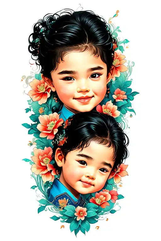 chinese love children family men music flying tattoo design idea