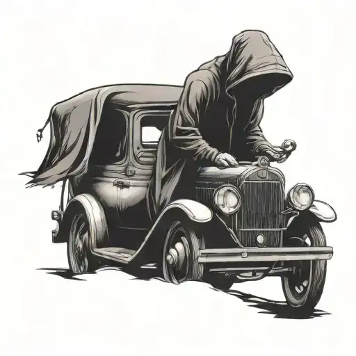 hooded figure getting into an old car at night tattoo design idea