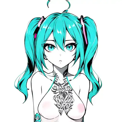 hatsune miku, lustful expression, bare breasts, anime style, art, tattoo style,  neo trible, black and white tattoo design idea