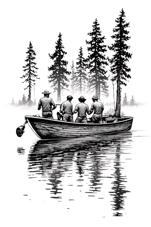 looking down, back view, father and 2 sons on each side, in a fishing boat with motor, lake fishing, trees tattoo design idea