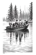 looking down, back view, father and 2 sons on each side, in a fishing boat with motor, lake fishing, trees tattoo design idea