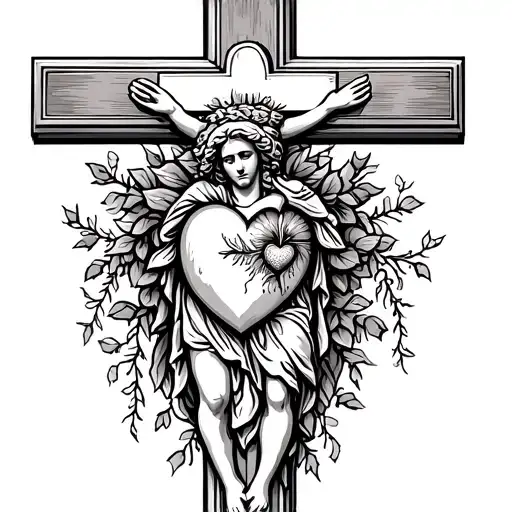 Vines coming from crucifix with sacred heart immaculate heart chaste heart of joseph tattoo design idea