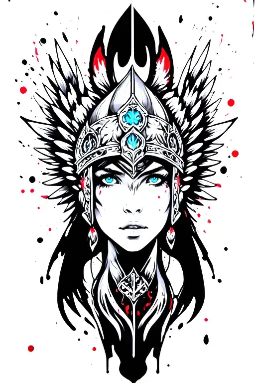 Valkyrie maiden with blue eyes with winged helm with wings tattoo design idea