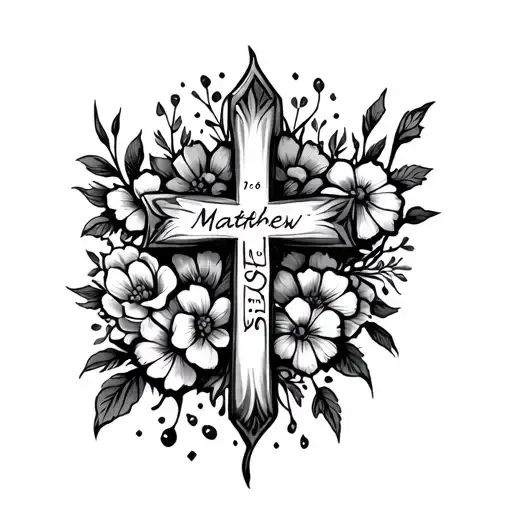 "Matthew 19:6" cross with flowers intertwined tattoo design idea