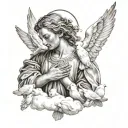 Angel with angel wings doing a prayer with flying white pigeons in the clouds tattoo design idea