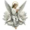 Angel with angel wings doing a prayer with flying white pigeons in the clouds tattoo design idea