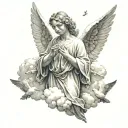 Angel with angel wings doing a prayer with flying white pigeons in the clouds tattoo design idea