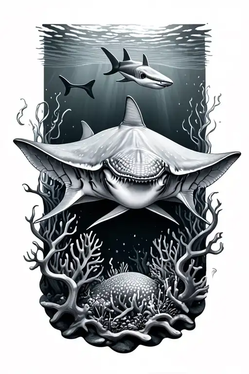  a realism tattoo featuring a stingray in coral and a hammerhead shark in the distance tattoo design idea