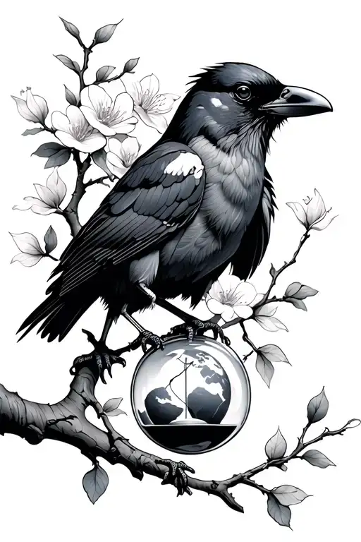 Neotraditional style.A crow on a branch with Japanese flowers.holds an hourglass whose glass has broken and the earth  tattoo design idea