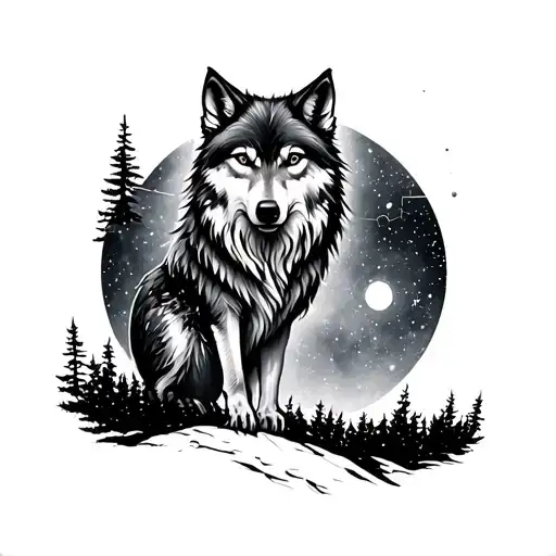 Wolf, Buho, Cancer constellation, Luna, Forest tattoo design idea