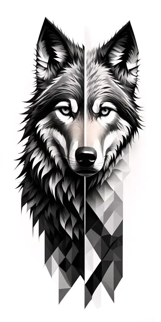 Wolf's head, half realistic, half geometrically fragmented. One side organic, the other made up of polygons. tattoo design idea