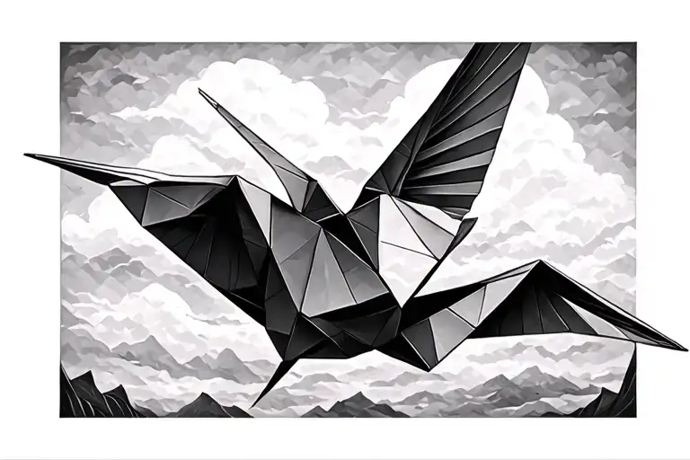paper crane turns into real crane flying patchwork  tattoo design idea