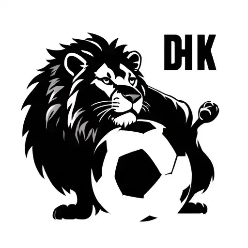 "DHK" a lion with its paw on a soccer ball tattoo design idea