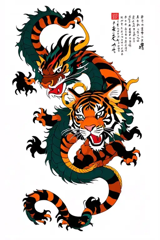 a Dragon and a Tiger facing each other ,  tattoo design idea
