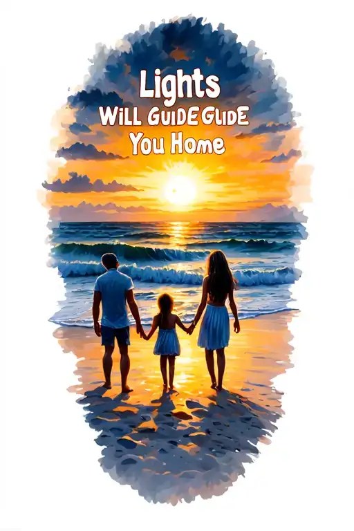 "Lights Will Guide You Home" "Lights Will Guide You Home" Family father, daughter and wife on the beach in a late afternoon with a headlight in the background tattoo design idea