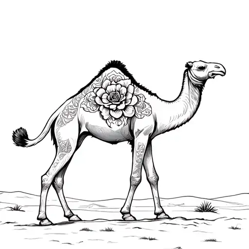 camel walking in the desert with no background and a desert rose on his skin tattoo design idea