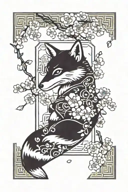 ractangle omamori talisman looking left fox inside cherry blossom around tattoo design idea