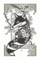 ractangle omamori talisman looking left fox inside cherry blossom around tattoo design idea