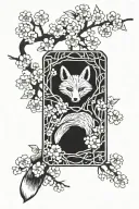 ractangle omamori talisman looking left fox inside cherry blossom around tattoo design idea