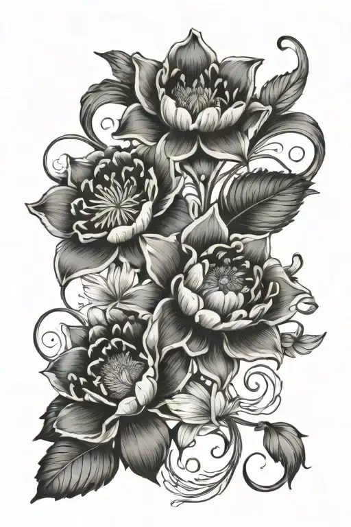 flowers intertwined with 1 poppy, 1 water lily, 2 snowdrops, 2 violets, 1 narcissus, 1 morning glory, & 1 chrysanthemum tattoo design idea