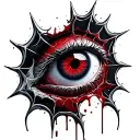 Satanic Realistic Eye, cracked and bleeding. dark black blood red. Bleeding Thorns black spider web and Silver Horns tattoo design idea