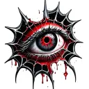 Satanic Realistic Eye, cracked and bleeding. dark black blood red. Bleeding Thorns black spider web and Silver Horns tattoo design idea