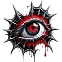 Satanic Realistic Eye, cracked and bleeding. dark black blood red. Bleeding Thorns black spider web and Silver Horns tattoo design idea
